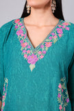 Close-up of multicolour pink floral Kashmiri Aari embroidery on teal kaftan neckline