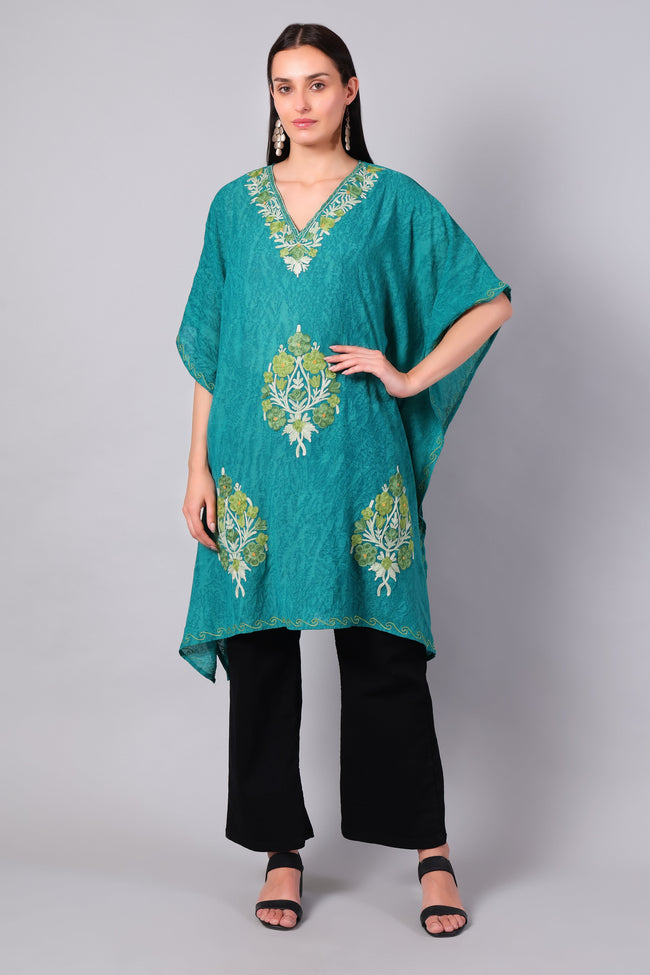 Novbahar teal green Kashmiri kaftan with tonal floral Aari embroidery — front view
