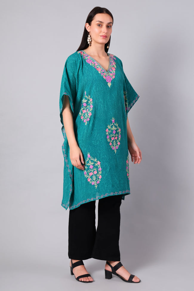 Novbahar teal green Kashmiri kaftan with multicolour pink floral Aari embroidery — front view