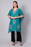 Novbahar teal green Kashmiri kaftan side view — relaxed one-size silhouette