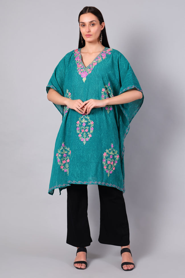 Novbahar teal green Kashmiri kaftan side view — relaxed one-size silhouette