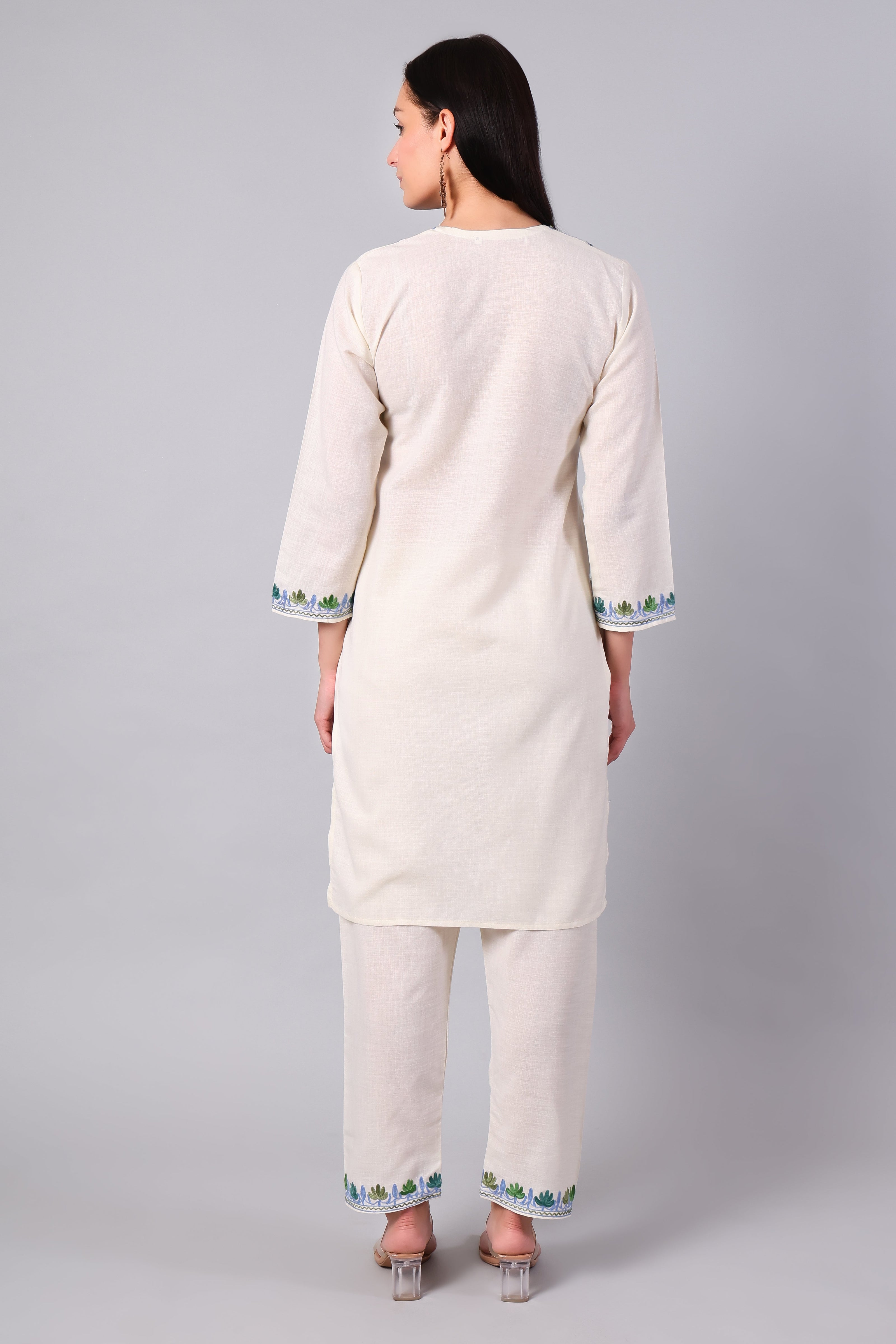 Full outfit of ivory Aari embroidered co-ord set paired with straight pants for women back