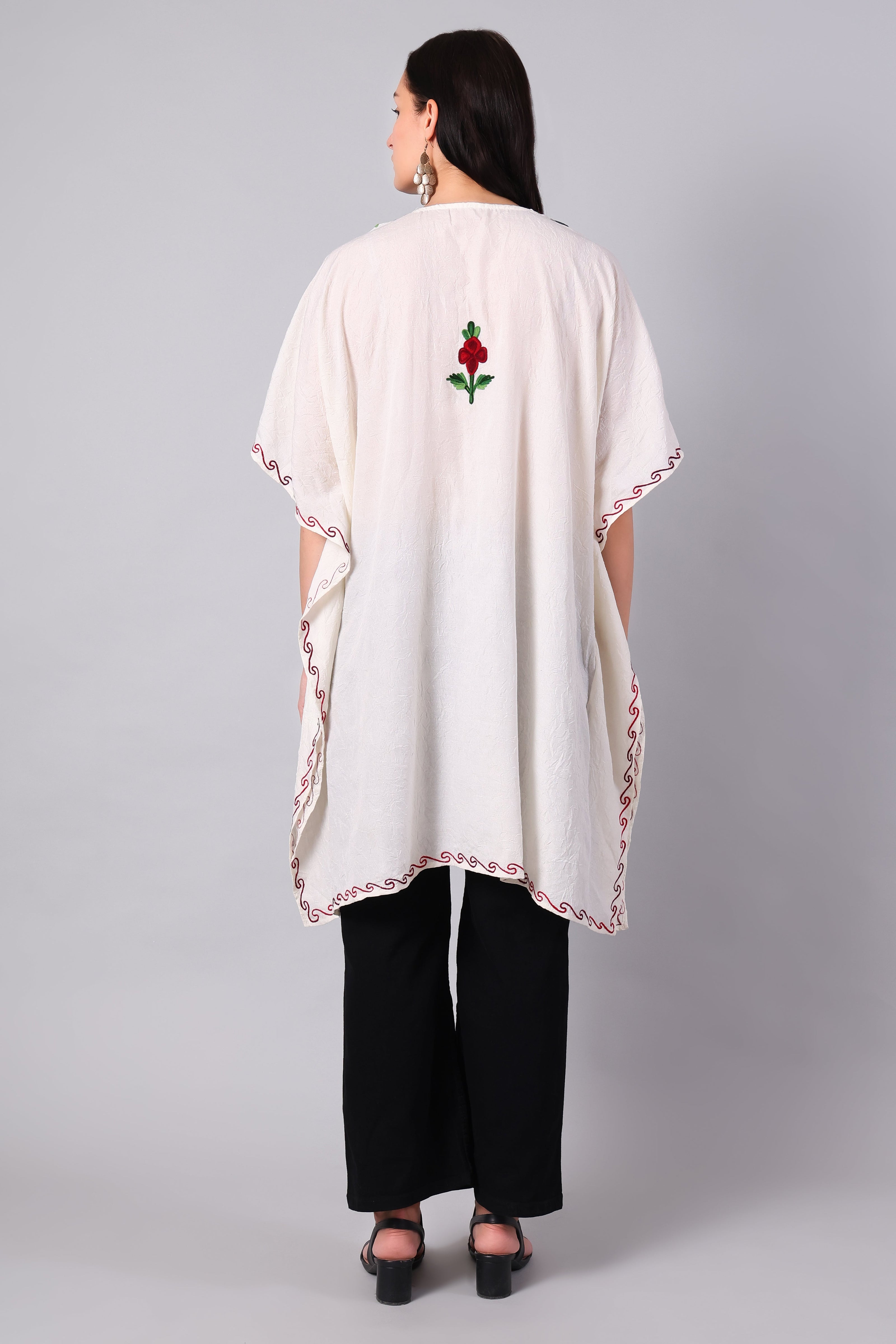 Novbahar white Kashmiri kaftan with red embroidery back view — KashmirPheran
