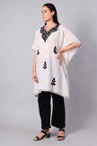 Novbahar ivory white Kashmiri kaftan side view — relaxed one-size silhouette