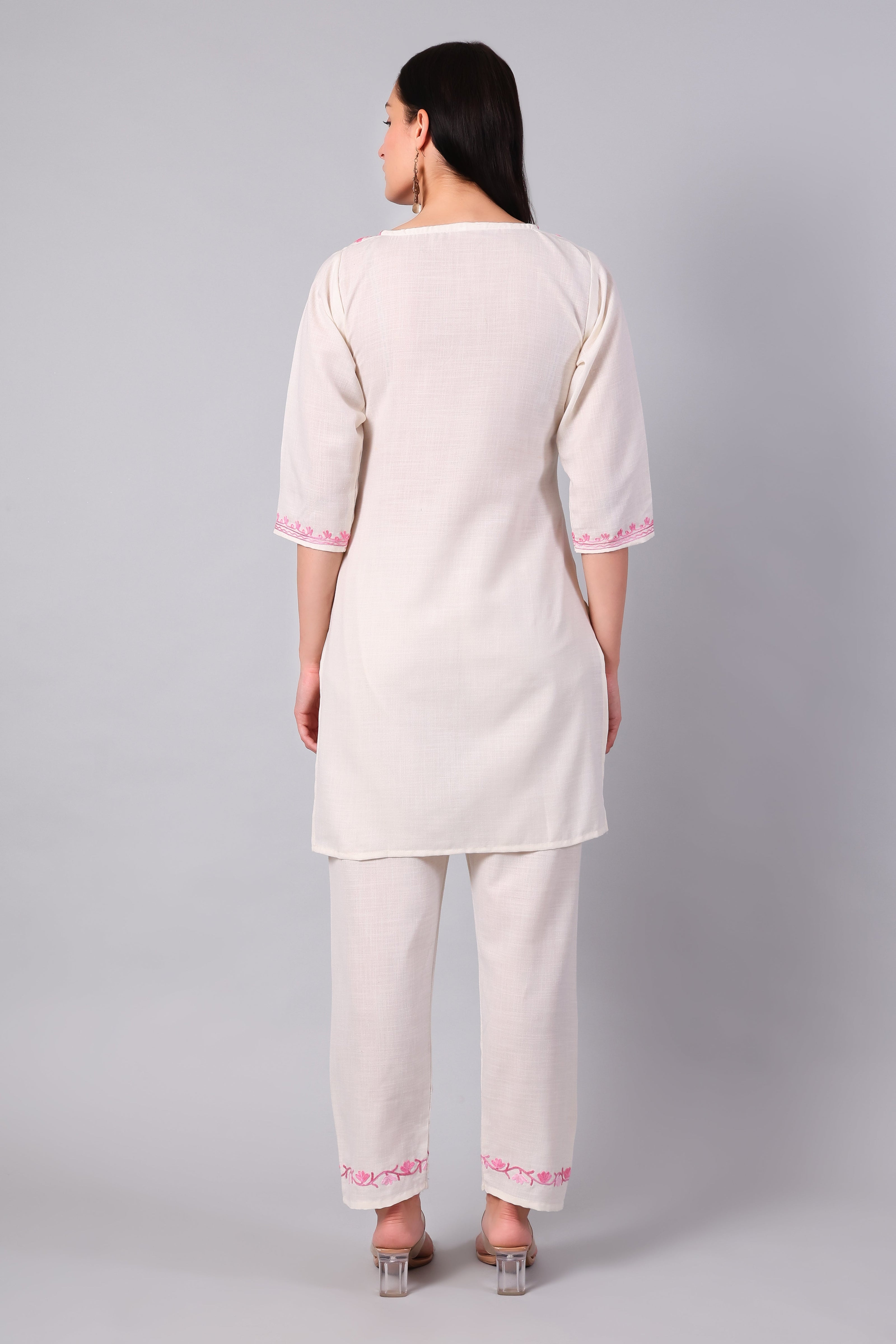 Back view of white Kashmiri Aari co-ord set for women