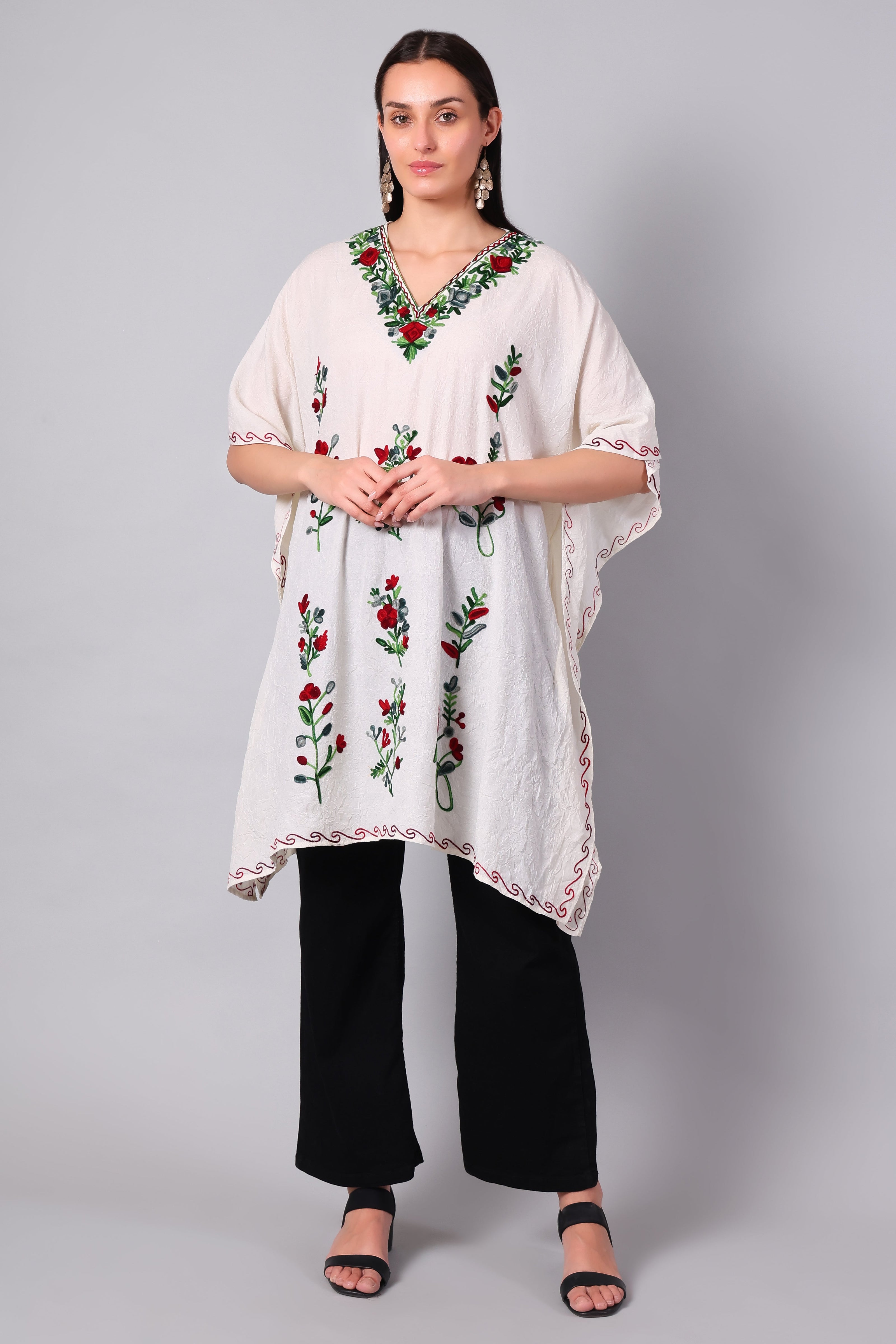 Novbahar off-white Kashmiri kaftan with charcoal Aari embroidery front view