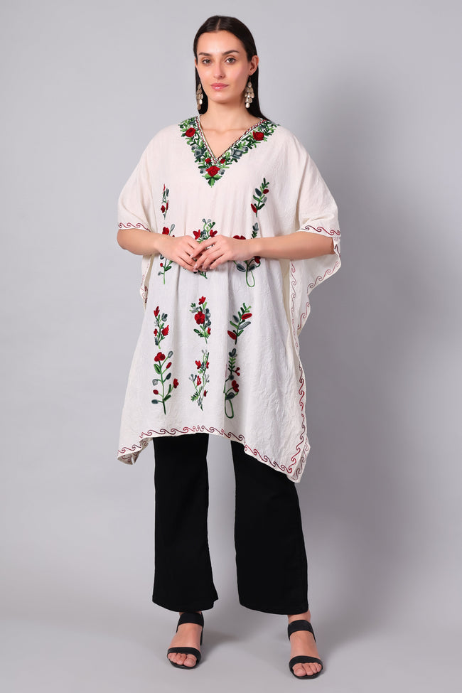 Novbahar off-white Kashmiri kaftan with charcoal Aari embroidery front view