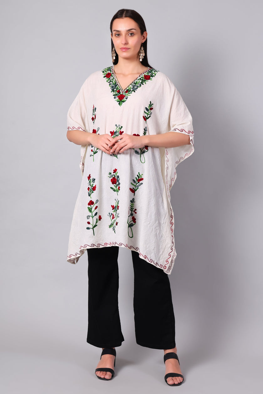Novbahar off-white Kashmiri kaftan with charcoal Aari embroidery front view