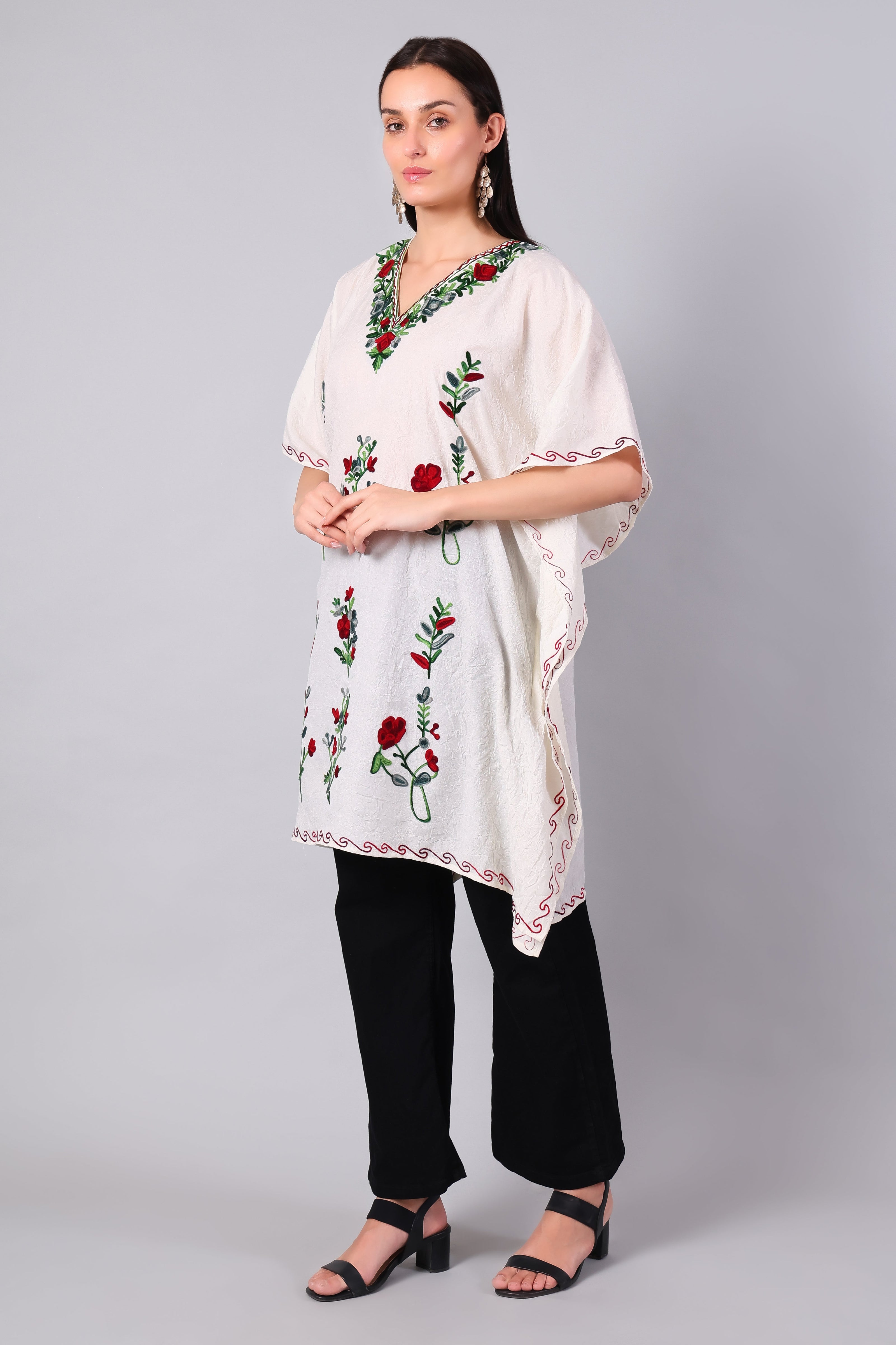 Novbahar white Kashmiri kaftan side view — relaxed one-size silhouette