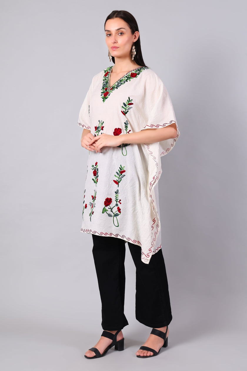 Novbahar white Kashmiri kaftan side view — relaxed one-size silhouette