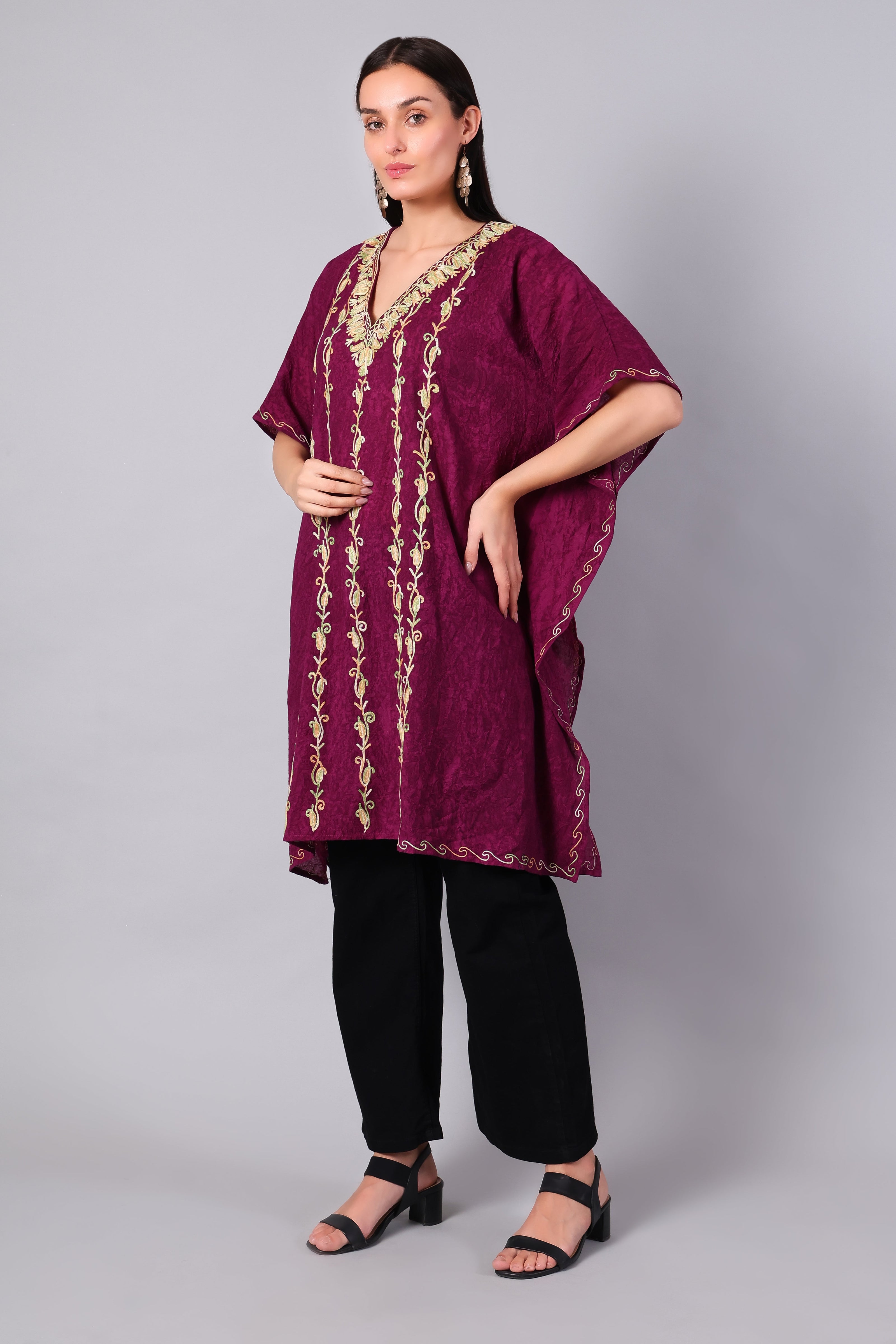 Novbahar wine purple Kashmiri kaftan — front angle with Aari embroidery detail