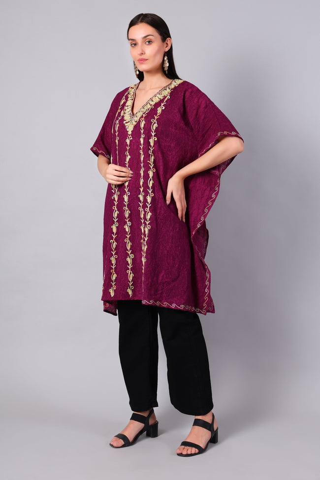 Novbahar wine purple Kashmiri kaftan — front angle with Aari embroidery detail