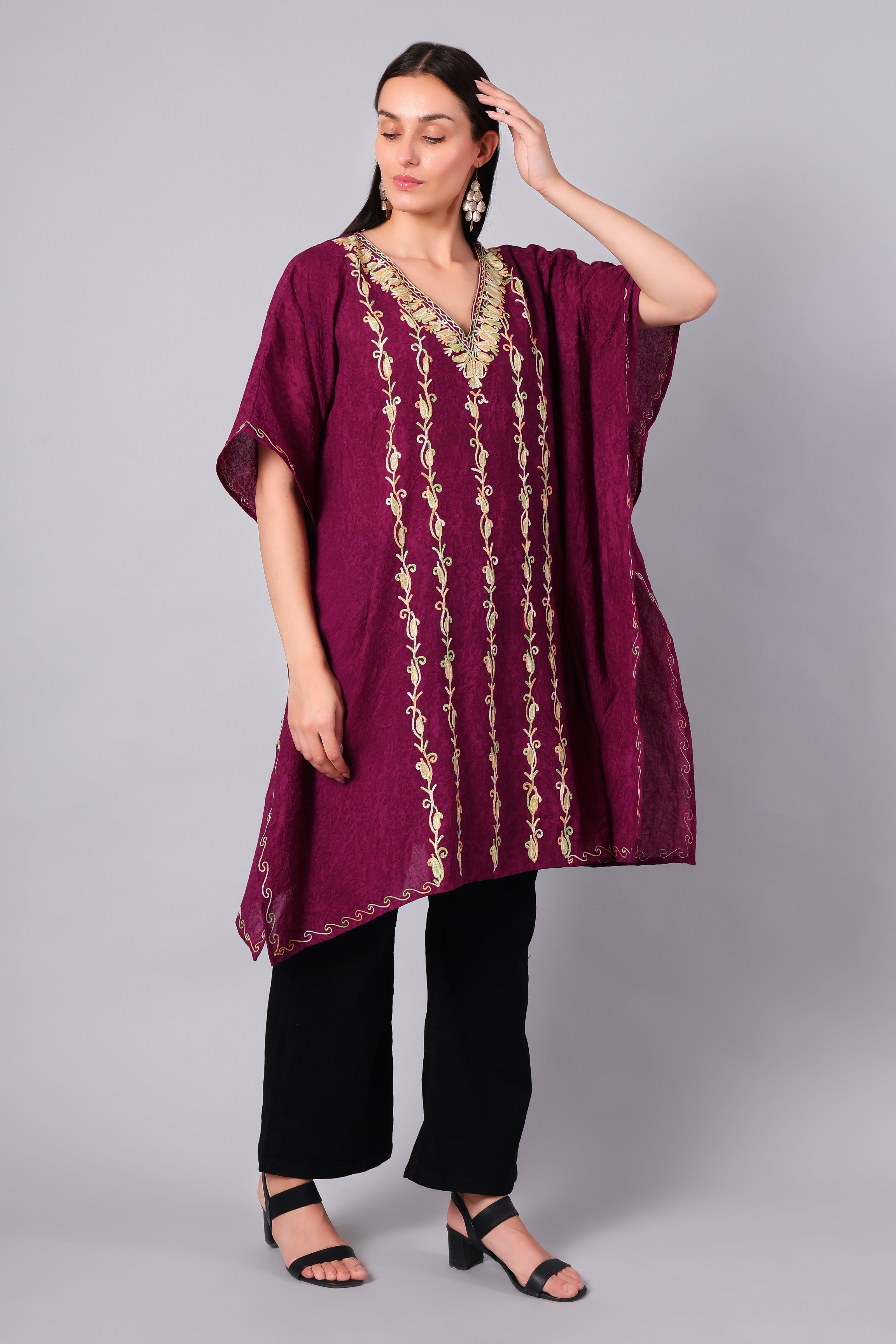 Novbahar wine purple Kashmiri kaftan side view — relaxed one-size silhouette
