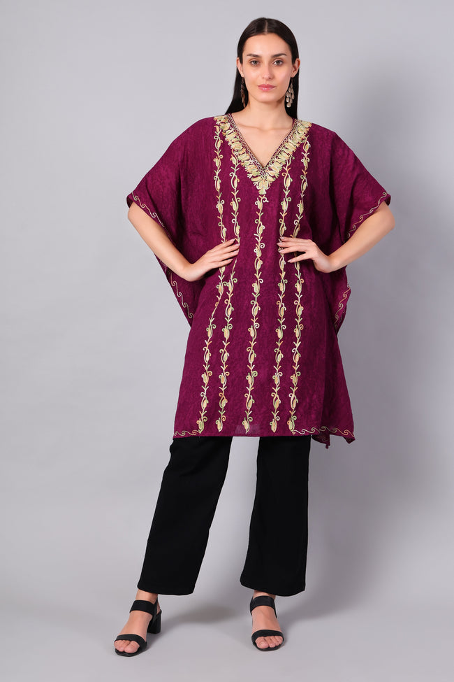 Novbahar wine purple Kashmiri kaftan with vertical Aari embroidery — front view